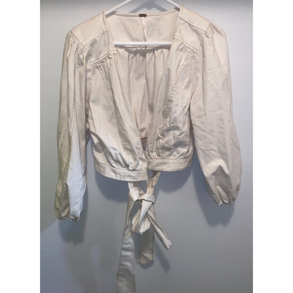 Free People Womens Sz L Angel Food Wrap top in off White denim NWT long sleeve
